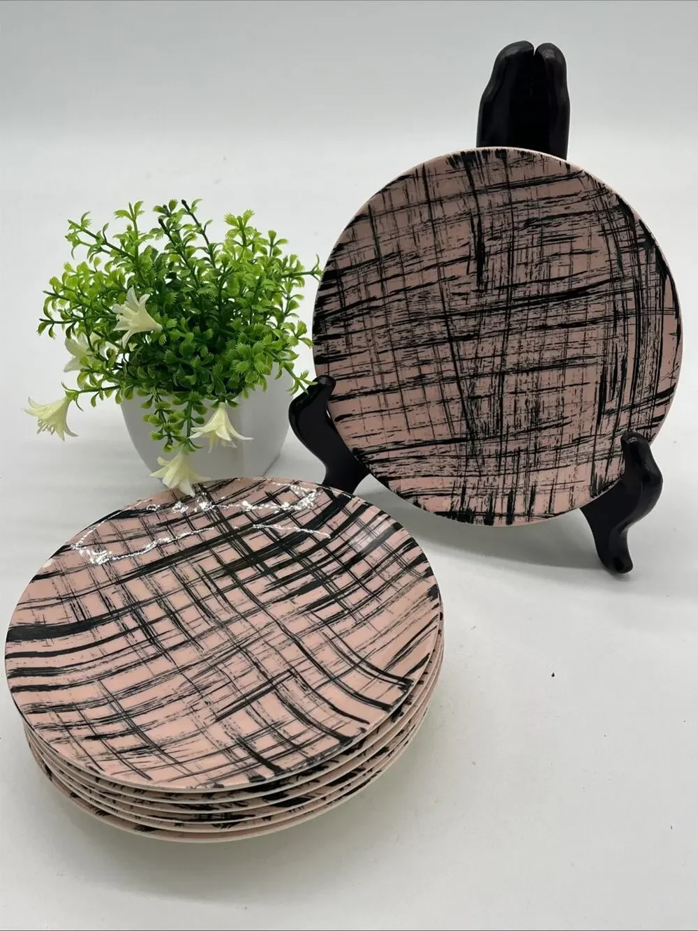 Blue Ridge Hand Painted Plates Set 7 Pink Black Crosshatch 6.5 Inch